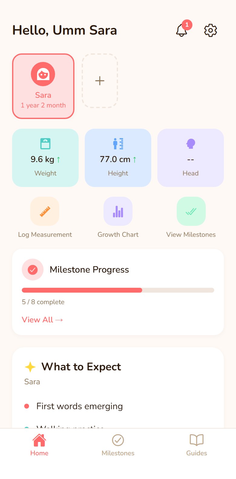 Mahd home screen: child profile with weight, height, and milestone progress