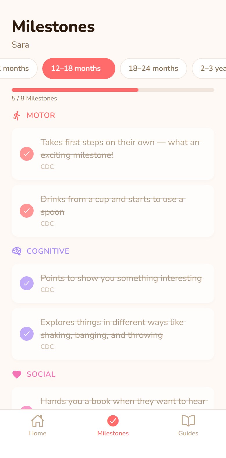 Milestone checklist for the 12–18 months bracket with completed items